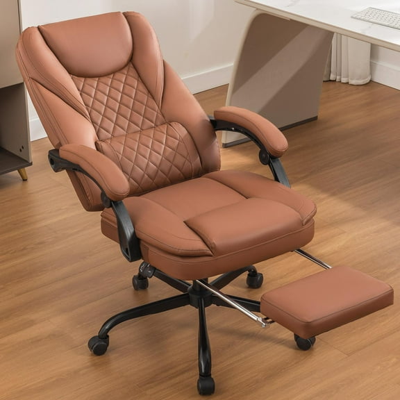 COOLHUT Executive Office Chair, Big and Tall Office Chair with Footrest Reclining Faux Leather Chair High Back Lumbar Support Ergonomic Office Chair with Padded Armrests, Brown