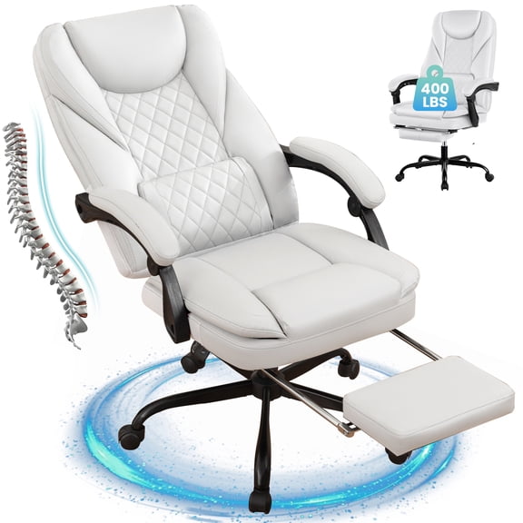 COOLHUT Executive Office Chair, Big and Tall Office Chair with Footrest Reclining Faux Leather Chair High Back Lumbar Support Ergonomic Office Chair with Padded Armrests, White
