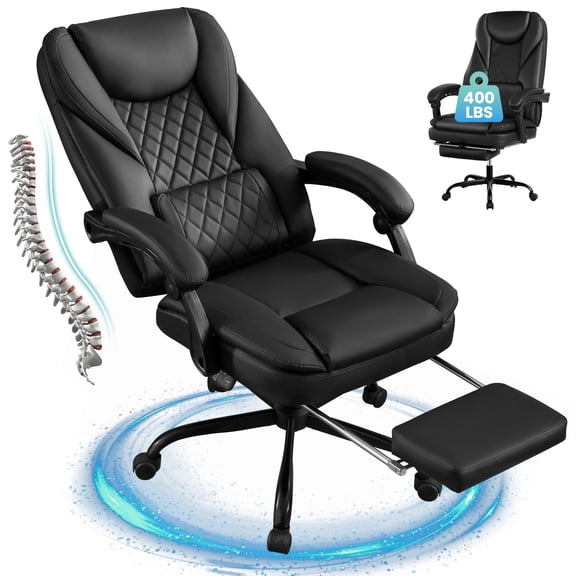COOLHUT Executive Office Chair, Big and Tall Office Chair with Footrest Reclining Faux Leather Chair High Back Lumbar Support Ergonomic Office Chair with Padded Armrests, Black
