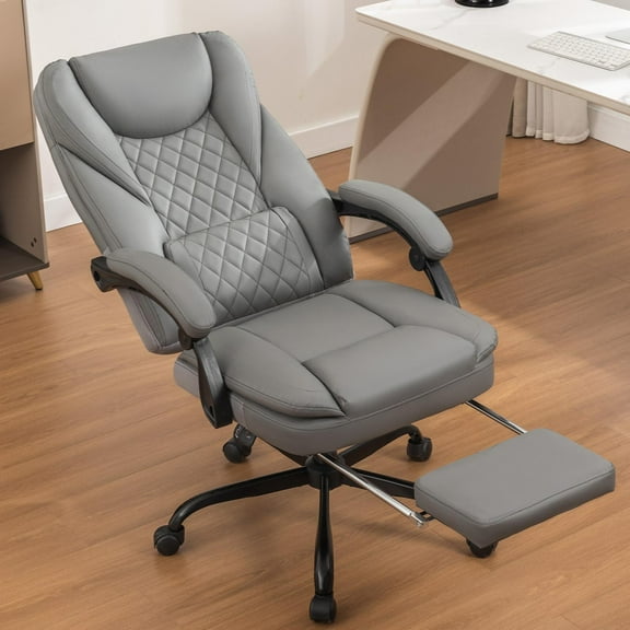 COOLHUT Executive Office Chair, Big and Tall Office Chair with Footrest Reclining Faux Leather Chair High Back Lumbar Support Ergonomic Office Chair with Padded Armrests, Gray