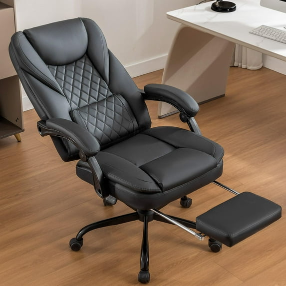 COOLHUT Executive Office Chair, Big and Tall Office Chair with Footrest Reclining Faux Leather Chair High Back Lumbar Support Ergonomic Office Chair with Padded Armrests, Black