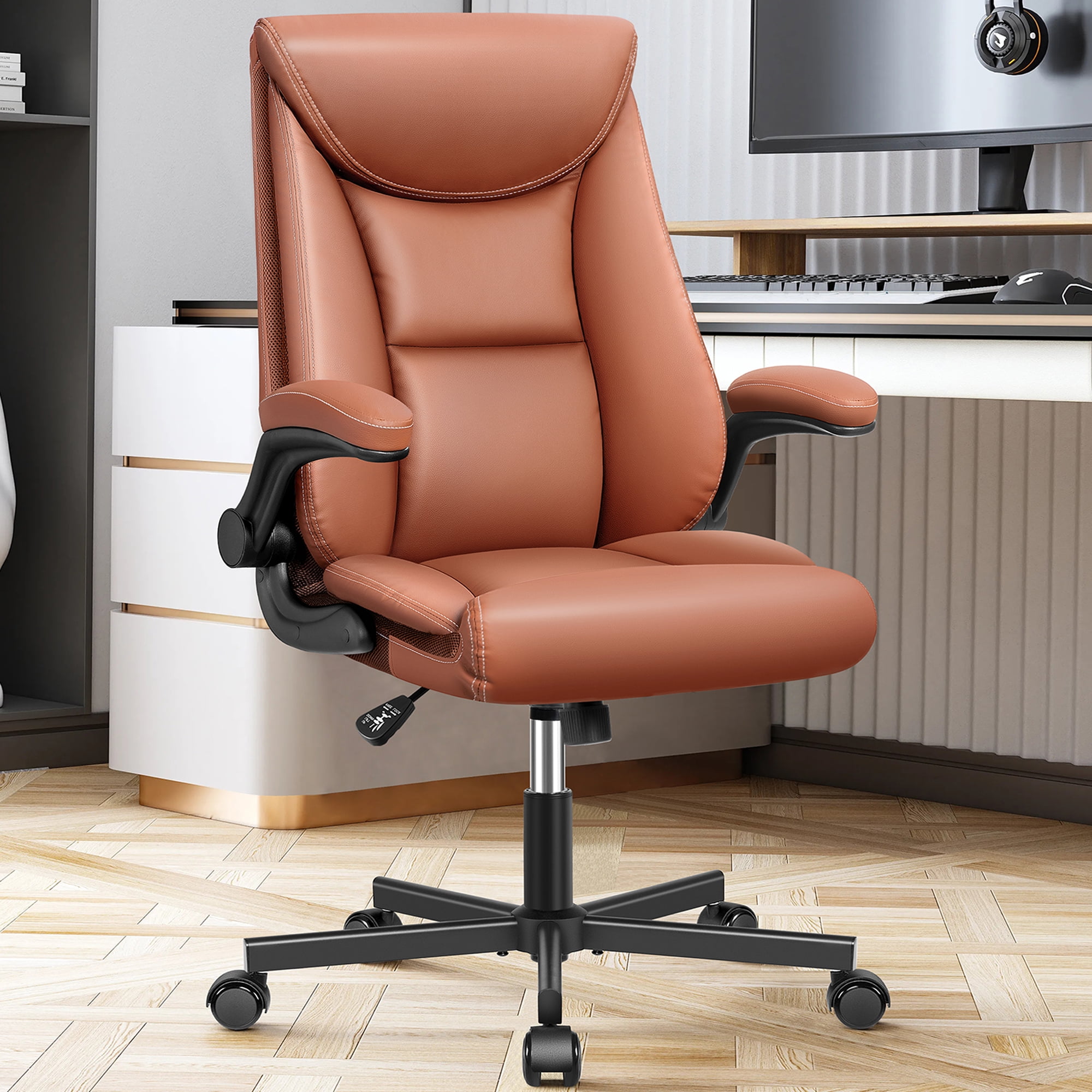 Coolhut Leather Office Chair Ergonomic Home Office Desk Chair Back Support Swivel Executive Office Chair Wheels Flip Up Armrests Executive Leather Ch