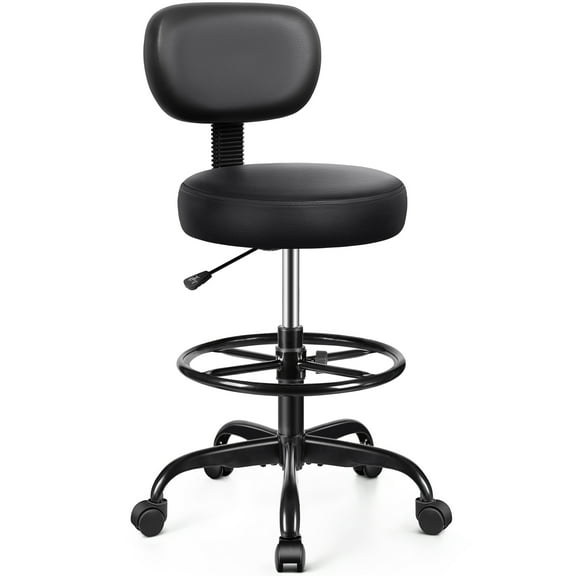 [2025 Upgrade] COOLHUT Chair with Back, Adjustable Foot Rest Rolling Stool, Multi-Purpose Office Desk Chair, Thick Seat Cushion for Home Bar Kitchen Shop - All Black