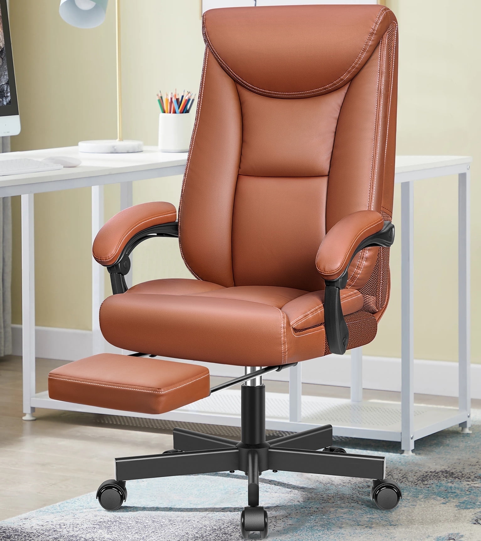 Coolhut Leather Office Chair Ergonomic Home Office Desk Chair Back Support Swivel Executive Office Chair Wheels Flip Up Armrests Executive Leather Ch