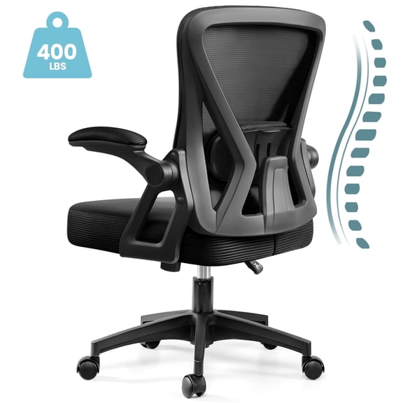 COOLHUT Office Desk Chair, 400LBS Ergonomic Mesh Rolling Work Swivel Task Chairs with Wheels, Comfortable Lumbar Support, Comfy Flip-up Arms for Home, Bedroom, Study, Student, 8-Years Warranty, Black