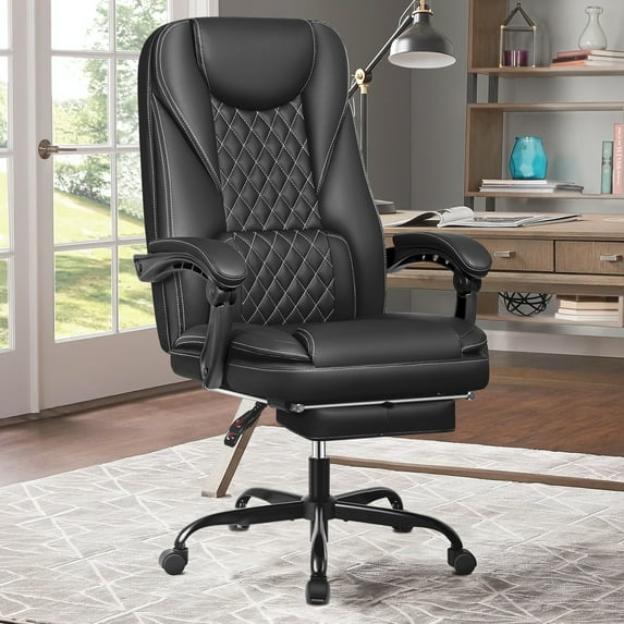 Coolhut Office Chair, Executive Office Chair for Big and Tall Individuals with Foot Rest, Ergonomic Home Office Desk Chair, Reclining High Back Leather Chair with Lumbar Support(Black)