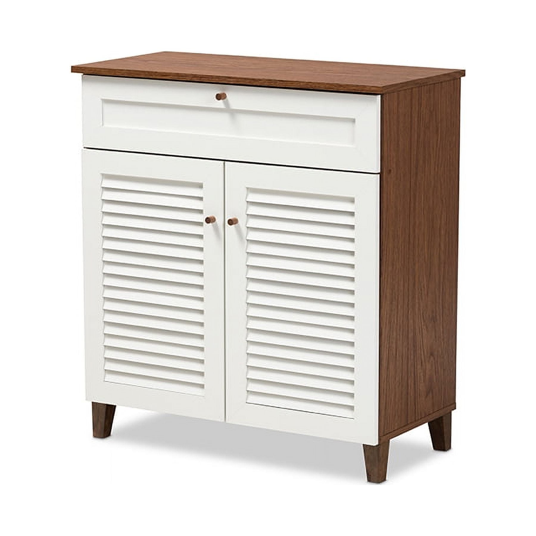 Coolidge White and Walnut Wood Shoe Storage Cabinet with Drawer