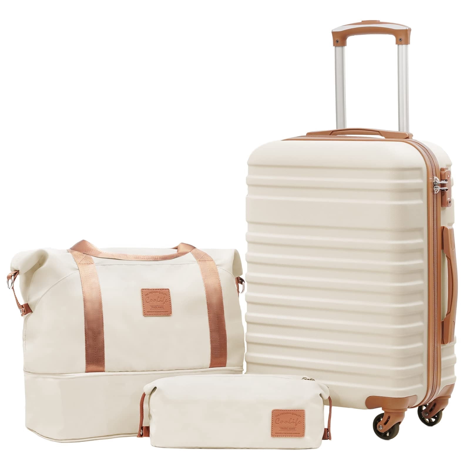 Coolife 3 Piece Luggage Set Carry On Suitcase with Hardside Durable TSA Lock Spinner Wheels (Apricot White, DB/TB/20)