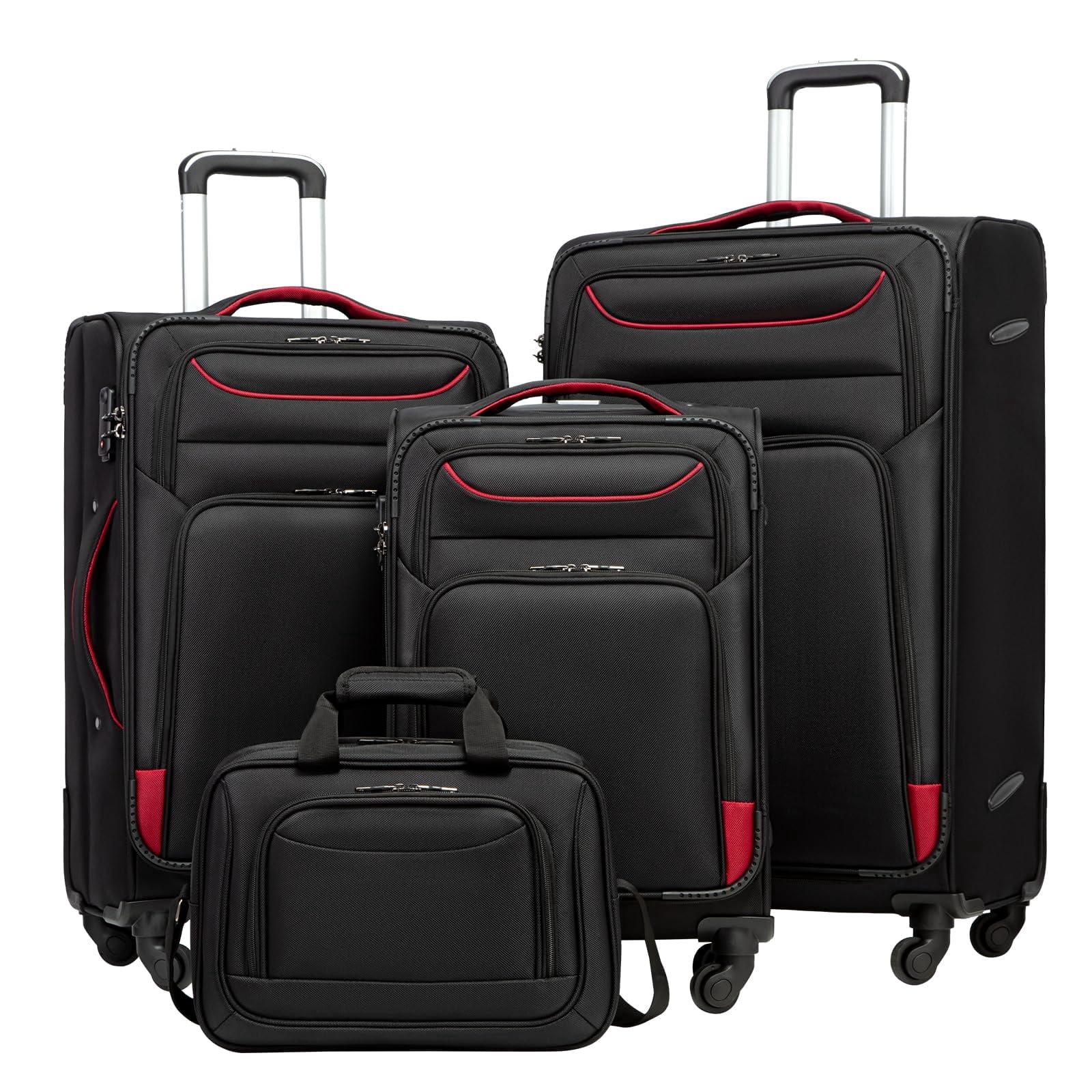 Coolife Luggage 4 Piece Set Suitcase TSA Lock Spinner Softshell lightweight (black+red)