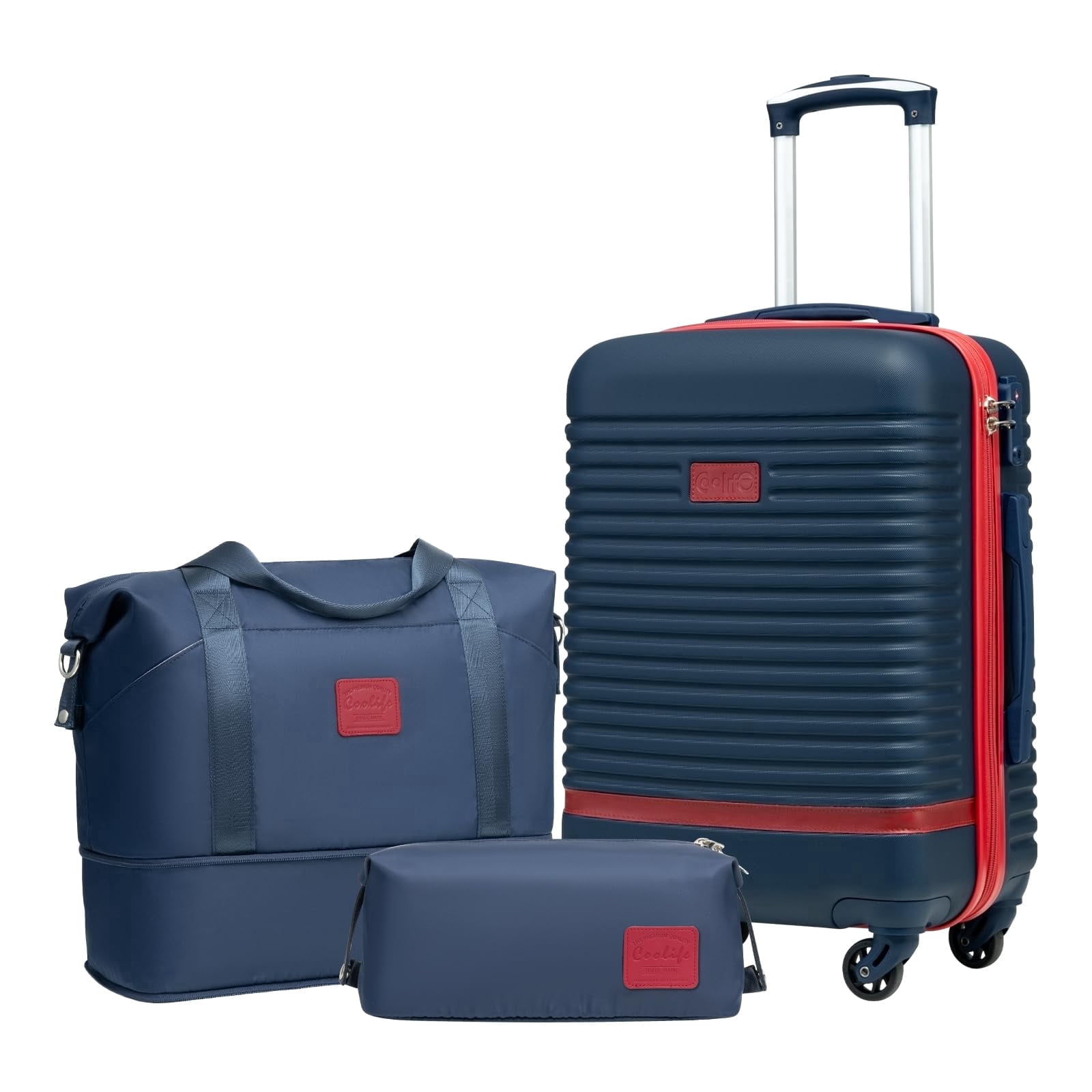 Coolife Suitcase Set 3 Piece Luggage Set Carry On Travel Luggage TSA Lock Spinner Wheels Hardshell Lightweight Luggage Set(Navy+Red, 3 piece set (DB/TB/20))