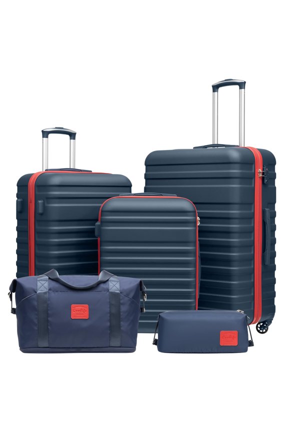 Suitcase Set 5 Piece Luggage Set Carry On Hardside Luggage with TSA Lock Spinner Wheels (Navy+Red, 5 piece set)