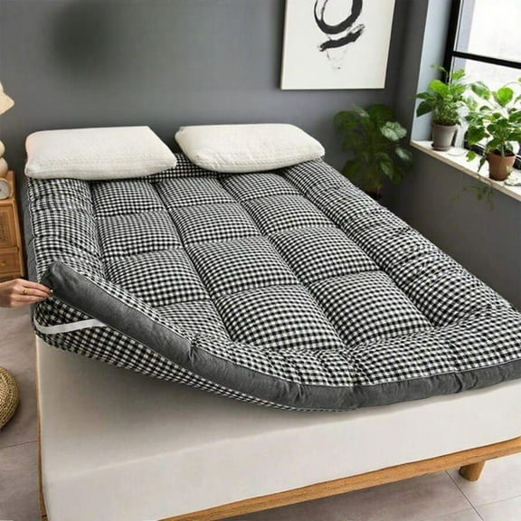Cooling 6-8cm Thick Mattress Topper & Folding Roll-Up Futon Floor Mattress - Premium Fiber-Filled Quilted Summer Checked Sleeping Pad for Home/Sleeping/Guest Room