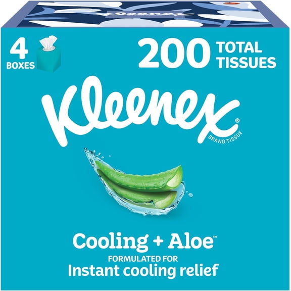 Cooling + Aloe Facial Tissues, 4 Cube Boxes, 50 Tissues Per Box, 2-Ply