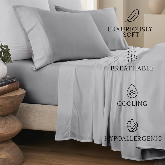 Cooling Bamboo Viscose King Sheet Set |  Organically Grown | 18” Deep Pocket | Silky, Soft, & Hypoallergenic | with Organizer Band & Elastic Corner Straps [Grey Mist]