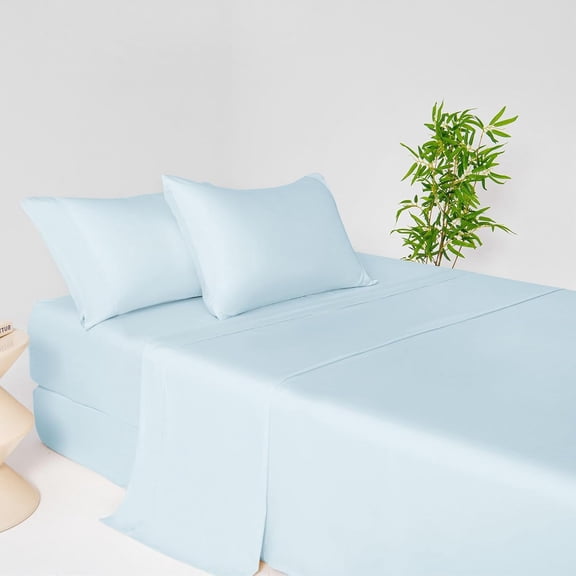 Cooling Bamboo Viscose Queen Sheet Set 4 Piece Silky Smooth Breathable Bedding Comfortable Sleep Support for Warm Sleepers Sky Blue