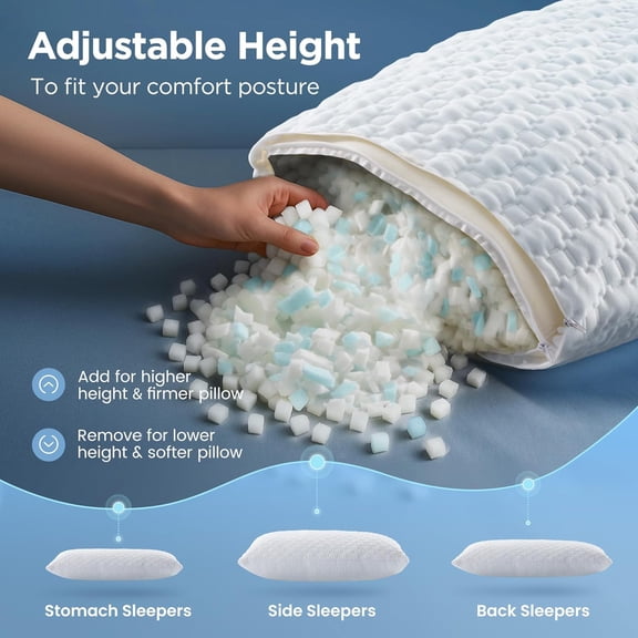 Cooling Bed Pillow for Sleeping (Queen Size) Adjustable Shredded Memory Foam Pillow for Side, Back and Stomach Sleepeers