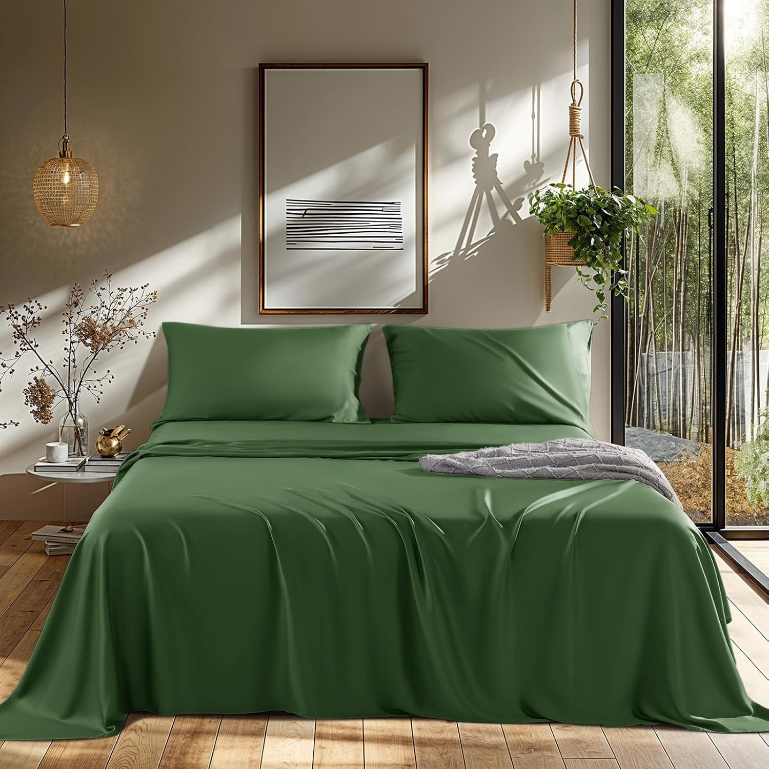 Cooling Bed Sheet 100% Viscose Derived from Bamboo Sheet Set 4 Piece Queen Size,Fit Up to 16" Deep Mattress, 1800 TC Sheet Super Soft Silky Smooth,Breathable Cool Bedding (Queen Olive Green)