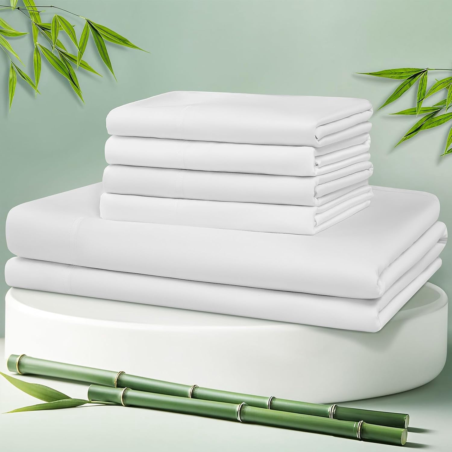 Cooling Bed Sheet 100% Viscose Derived from Bamboo Sheet Set Queen Size 6 Piece,16" Deep Pocket, 1800 TC Sheet Super Soft Silky Smooth,Breathable Cool (Queen White)