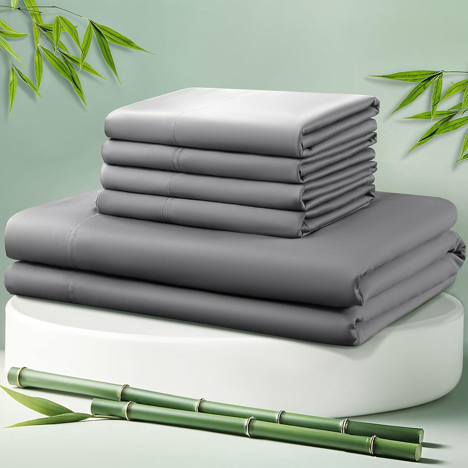 Cooling Bed Sheet 100% Viscose Derived from Bamboo Sheet Set Queen Size 6 Piece,16" Deep Pocket, 1800 TC Sheet Super Soft Silky Smooth,Breathable Cool (Queen Gray)