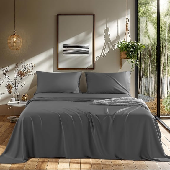 Cooling Bed Sheet Set 4 Piece Queen Size 100% Viscose from Bamboo 1800 Thread Count Soft Silky Smooth Breathable Dark Gray