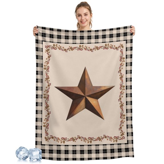 Cooling Blanket Barn Star Texas Cooling Blankets for Hot Sleepers Berry Retro Country Black Plaid Cool Blanket Soft Ice Cold Summer Rest Throw Blanket for Night Sweats Couch Bed Sofa 30x40 Inch