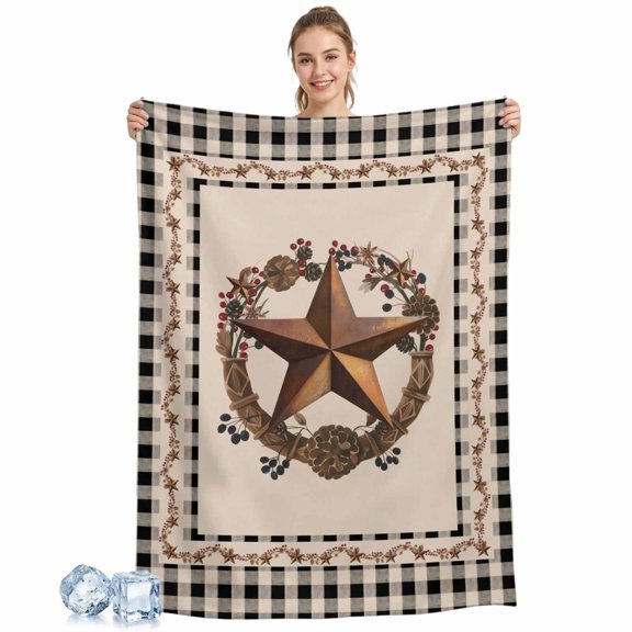 Cooling Blanket Barn Star Texas Cooling Blankets for Hot Sleepers Berry Wreath Country Black Plaid Cool Blanket Soft Ice Cold Summer Rest Throw Blanket for Night Sweats Couch Bed Sofa 30x40 Inch