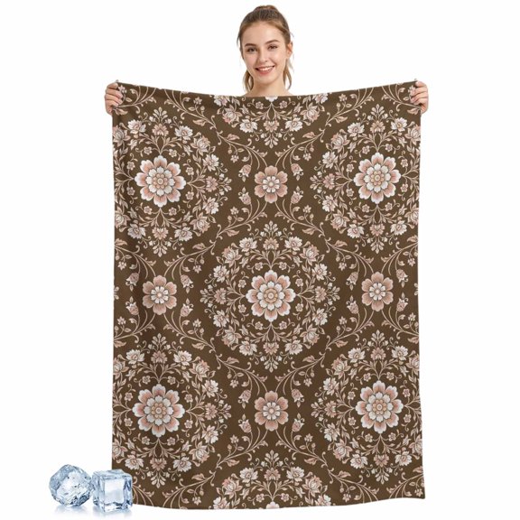 Cooling Blanket Brown Damask Flower Cooling Blankets for Hot Sleepers Luxury Baroque Floral Bloom Cool Blanket Soft Ice Cold Summer Rest Throw Blanket for Night Sweats Couch Bed Sofa 30x40 Inch