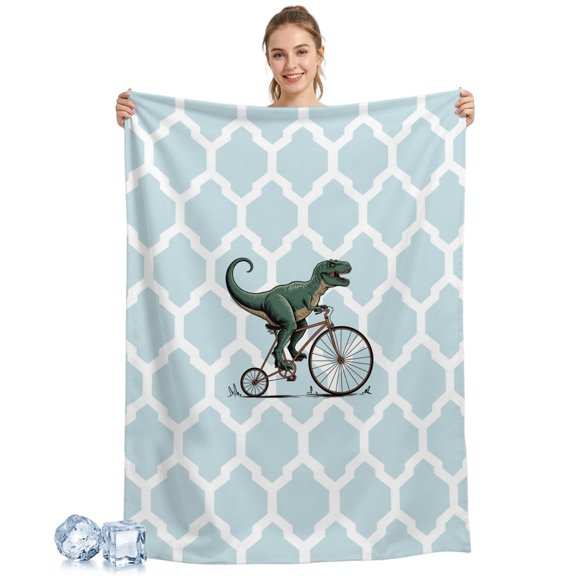 Cooling Blanket Cartoon Dinosaur Ride Bike Cooling Blankets for Hot Sleepers Teal Geometric Moroccan Cool Blanket Soft Ice Cold Summer Rest Throw Blanket for Night Sweats Couch Bed Sofa 50x60 Inch