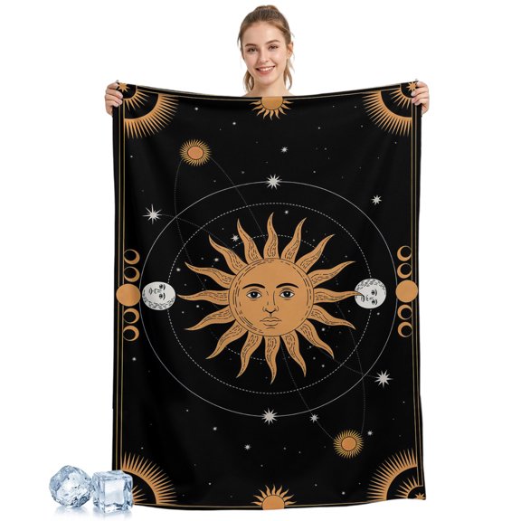 Cooling Blanket Celestial Sun and Moon Cooling Blankets for Hot Sleepers Black Sky Gold Star Boho Cool Blanket Soft Ice Cold Summer Rest Throw Blanket for Night Sweats Couch Bed Sofa 30x40 Inch