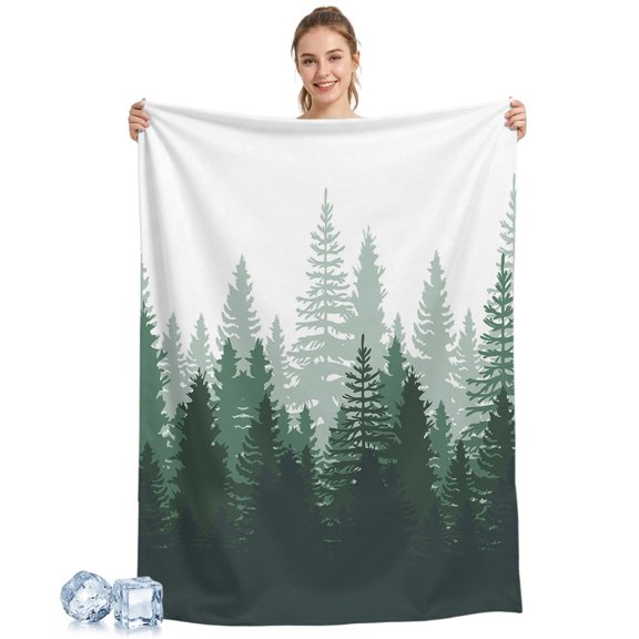 Cooling Blanket Green Forest Tree Cooling Blankets for Hot Sleepers Misty Forest Tree Silhouette Nature Cool Blanket Soft Ice Summer Rest Throw Blanket for Night Sweats Couch Bed Sofa 50x60 Inch
