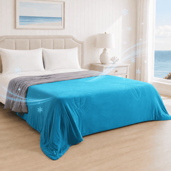 PYROEPLEEA Cooling Blanket Twin Size (60" x 80") for Hot Sleepers, Lightweight Breathable Soft Blanket for Night Sweats, Bed Sofa Travel, Leaves Blue