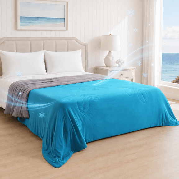 PYROEPLEEA Cooling Blanket King Size (90" x 108") for Hot Sleepers, Summer Cooling Comforter, Lightweight Breathable Soft Blanket for Night Sweats, Bed Sofa Travel, Leaves Blue