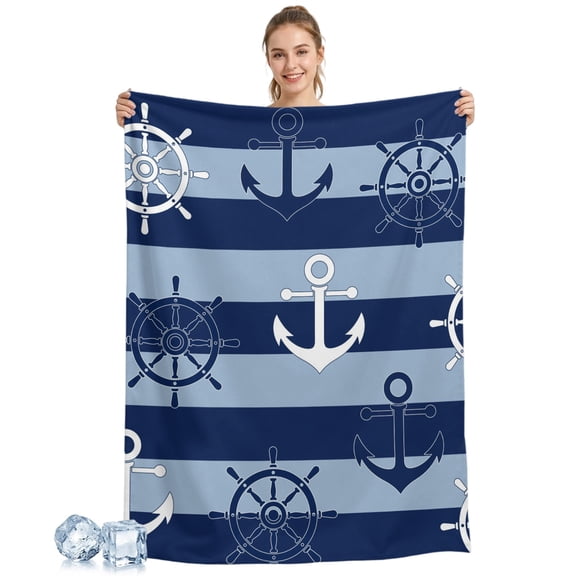 Cooling Blanket Nautical Ship Anchors Cooling Blankets for Hot Sleepers Navy Blue Horizontal Stripes Cool Blanket Soft Ice Cold Summer Rest Throw Blanket for Night Sweats Couch Bed Sofa 30x40 Inch