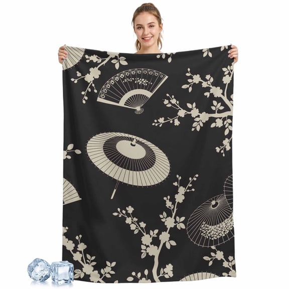 Cooling Blanket Paper Fan Cooling Blankets for Hot Sleepers Cherry Blossom Branch Japanese Style Black Cool Blanket Soft Ice Cold Summer Rest Throw Blanket for Night Sweats Couch Bed Sofa 30x40 Inch