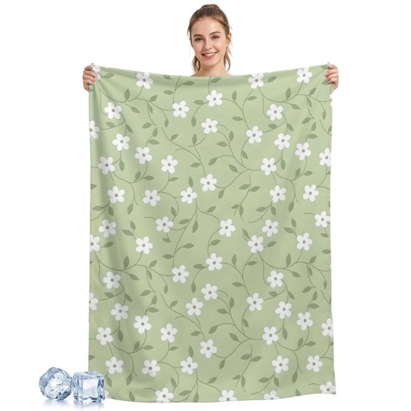 Cooling Blanket Sage Green Floral Cooling Blankets for Hot Sleepers Spring White Flowers Blossoms Cool Blanket Soft Ice Cold Summer Rest Throw Blanket for Night Sweats Couch Bed Sofa 40x60 Inch