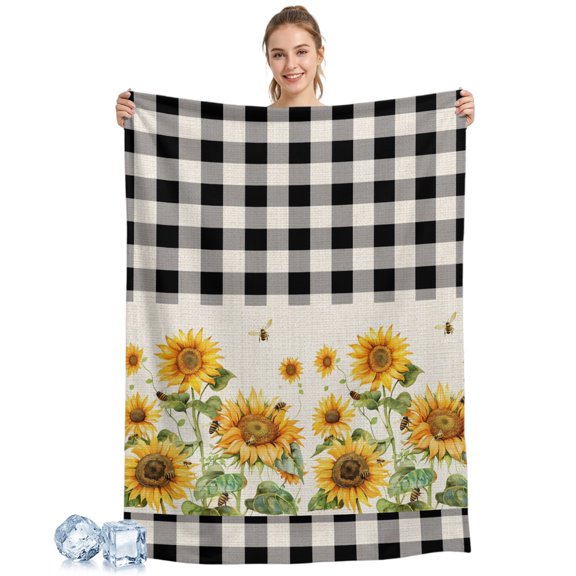 Cooling Blanket Sunflower Bee Cooling Blankets for Hot Sleepers Black Buffalo Plaid Check Linen Cool Blanket Soft Ice Cold Summer Rest Throw Blanket for Night Sweats Couch Bed Sofa 30x40 Inch