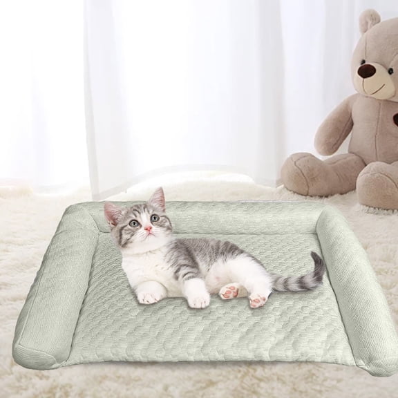 Cooling Cat Bed, Pet Cooling Mat with Pillow, Ice Silk Cooling Dog Blanket, Self Cooling Pad for Cat,Dog, Washable Summer Pet Mat for Kennel, Crates, Sofa, Floor, Green