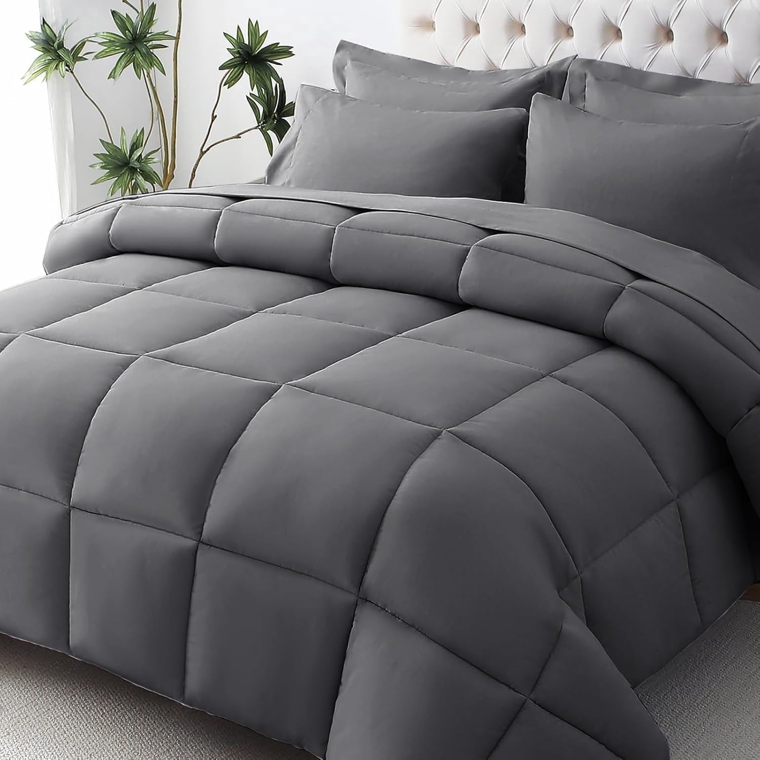 Cooling Comforter Full Size, Down Alternative Duvet Insert with Corner Tabs, All Season Soft Quilted Bed Comforter, Lightweight Bedding for Women & Men, Grey