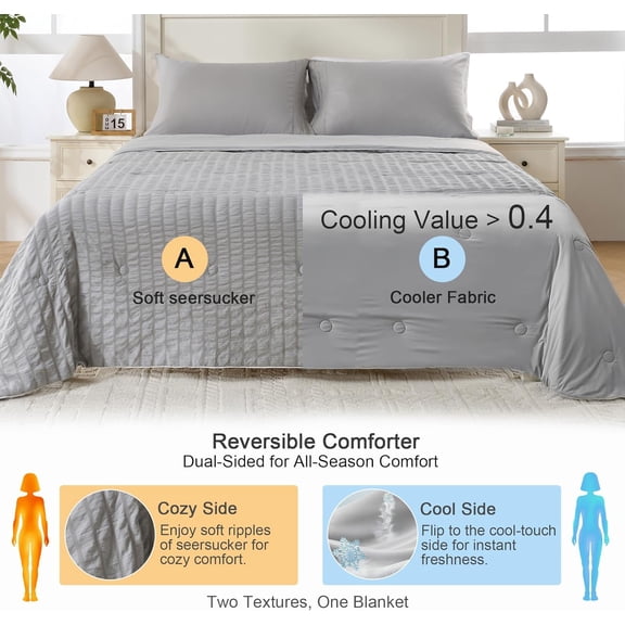 Cooling Comforter – Oeko-TEX Certified Seersucker Summer Blanket for Hot Sleepers & Night Sweats, Lightweight Cloud-Soft Reversible Quilt for Dorms, Silver Gray, Twin XL