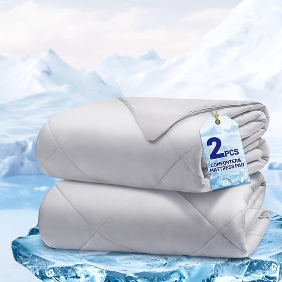 Cooling Comforter Queen Size, 2PCS Reversible Cooling Blanket for Hot Sleepers and Night Sweats, Cool Blanket with Mattress Pad for Summer, Breathable & Lightweight Comforter for All Season (90"x90")