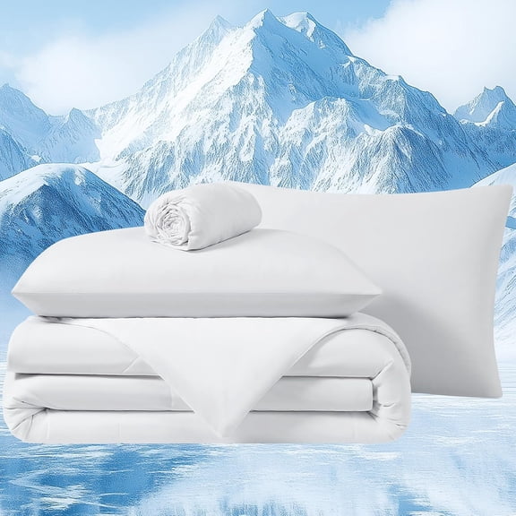 Cooling Comforter Set Queen- White Reversible Cooling Comforter Set with Sheets - Soft Breath Comforter 4pcs Set (Comforter+Fitted Sheets+2Pillowcases)
