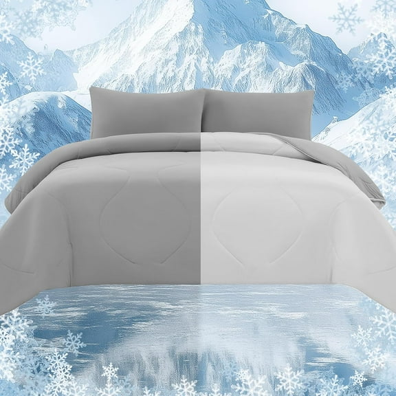 Cooling Comforter Set with Sheets&Pillowcases,Cooling Blanket for Hot Sleeper Cold ice Double Side Grey Bed Set Queen Size 4pcs(Comforter+Fitted Sheets+2Pillowcases)