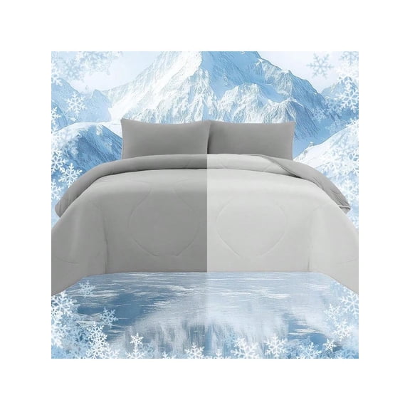 Cooling Comforter Set With SheetsPillowcasesCooling Blanket For Hot Sleeper Cold Ice Double Side Grey Bed Set Queen Size 4pcs Comforter+Fitted Sheets+2Pillowcases