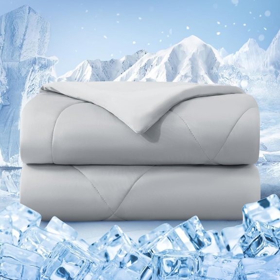Cooling Comforter Size, Double-Sided Cold Tech Fabric Quilted Bed Comforters Cooling Blanket for Hot Sleepers, Breathable Lightweight Summer Bedding, -Season Ice Blanket, Light Gray