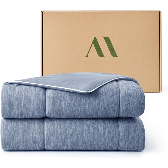 Cooling Comforter Size, Dual-Sided Lightweight Cooling Blanket for Hot Sleepers, Q-Max 0.43 Breathable Cooling Quilt for Night Sweats, 90" x 90", Heather Denim Blue