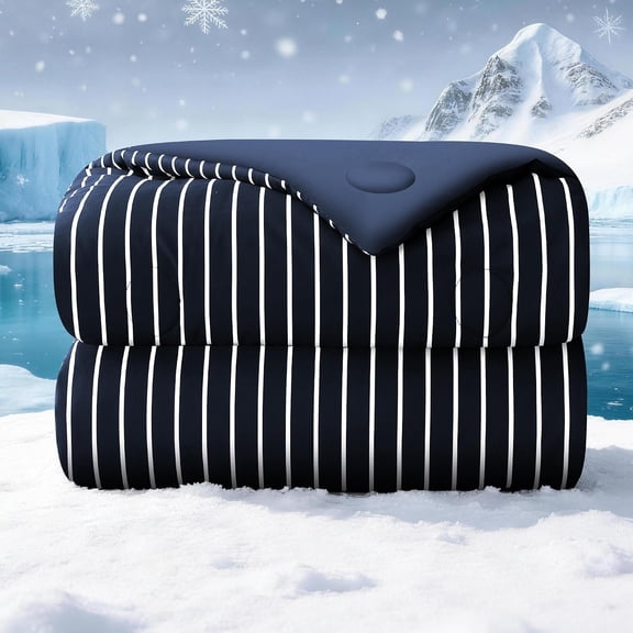 Cooling Comforter Size, Q-Max 0.45 Reversible Striped Cooling Blanket for Hot Sleepers, Breathable Lightweight Silk Smooth Summer Bedding, Quilted Ice Blanket, Navy Blue