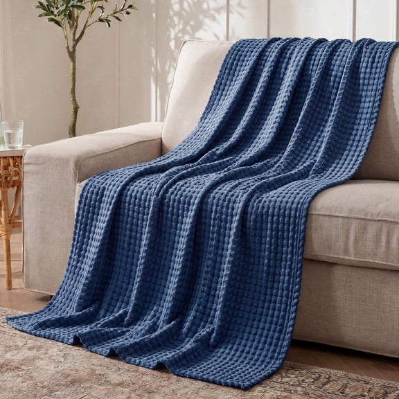 U by Bedsure Cooling Cotton Waffle Breathable Rayon Derived from Bamboo Twin XL Blanket,Navy,66x90 inches