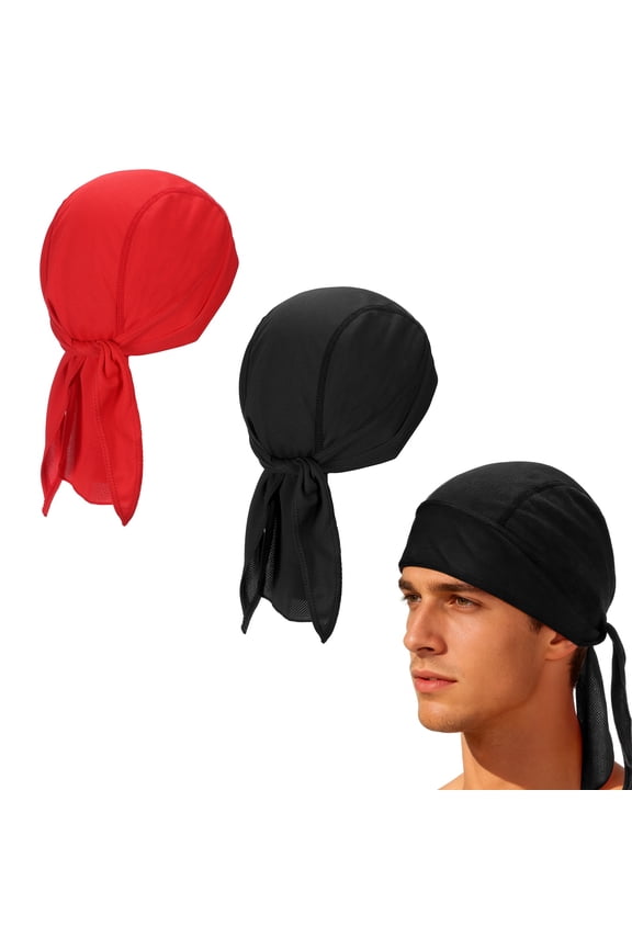 Cooling Do Rags Sweat Wicking, Solid Skull Caps Rag Breathable Motorcycle Dew Head Wrap Bandana Hats Helmet Liner 2 Pcs & Black/Red