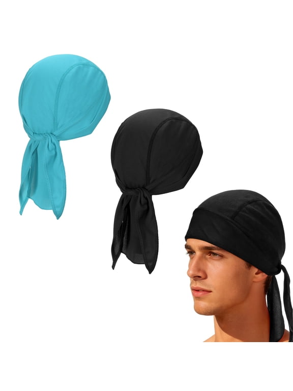Cooling Do Rags Sweat Wicking, Solid Skull Caps Rag Breathable Motorcycle Dew Head Wrap Bandana Hats Helmet Liner 2 Pcs & Black/Sky Blue