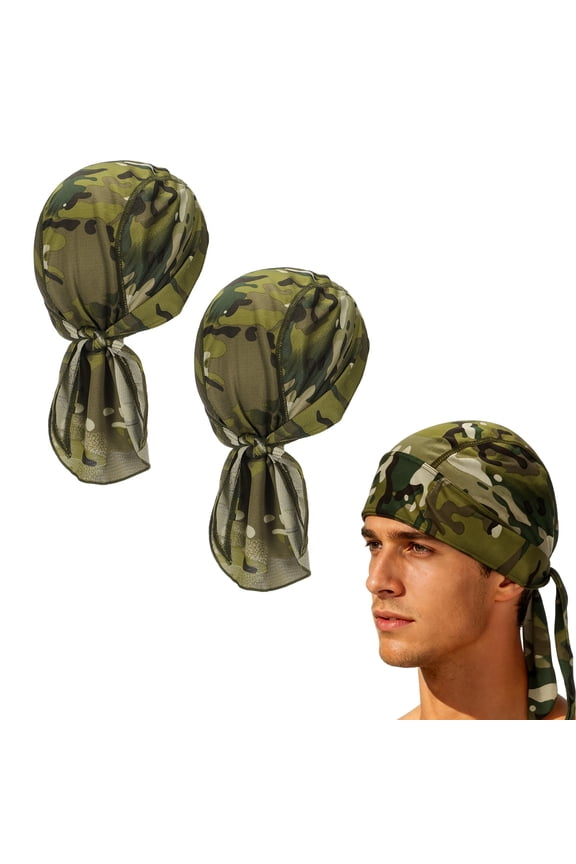 Cooling Do Rags Sweat Wicking, Solid Skull Caps Rag Breathable Motorcycle Dew Head Wrap Bandana Hats Helmet Liner 2 Pcs & Camouflage Olive Green